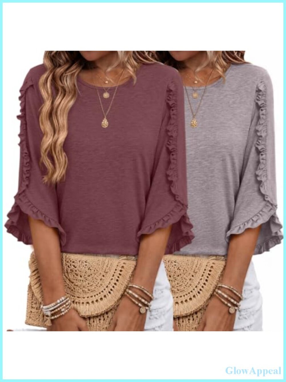 2pk Womens 3/4 Sleeve Tunics Banded Bottom Blouses Dressy Casual